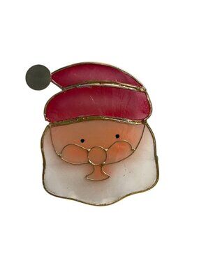 Vtg Stained Slag Glass Santa Claus Face Clip On Christmas Ornament Holiday 3 in.